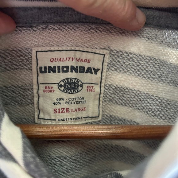 Vintage Union Bay sz Large Striped Gray Sweatshirt w pocket, cuff & hem contrast - Picture 2 of 10